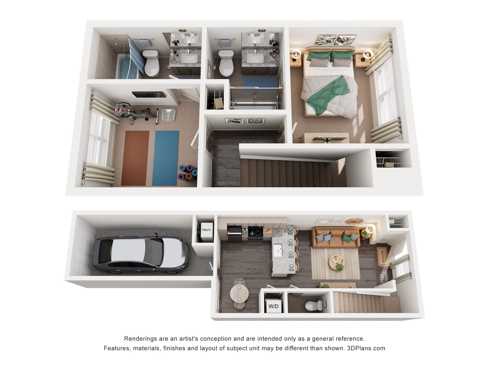 Floor plan for 2 beds, 2.5 baths, 1064 sqft
